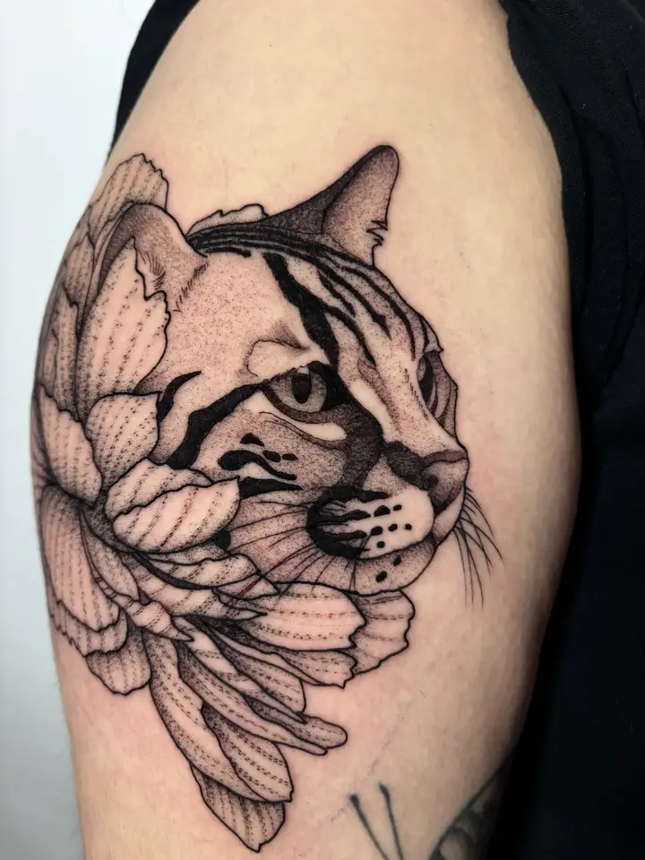 Peony Cat — Blackwork tattoo by Nillattt, photo 1